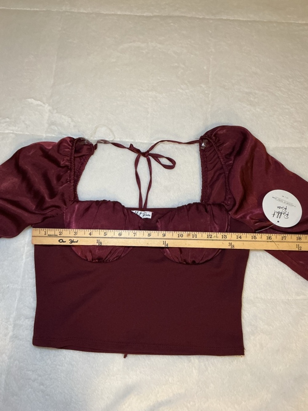 Rabbit Rose Burgundy Satin Bustier Long Sleeve Crop Top - Picture 7 of 12